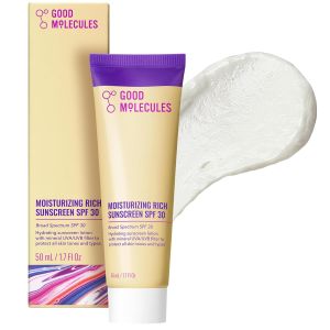 Good Molecules Moisturizing Rich Face Sunscreen Broad Spectrum SPF 30 1 oz Hydrating mineral sunscreen lotion with zinc oxide. Broad spectrum UVA/UVB protection for all skin tones and types.