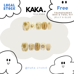 【Ready Stock】KAKAnails Handmade Golden Flower Short Artificial Fake Nails Press-on DIY Set Kuku Palsu 手工穿戴甲气质金色小花 KK019