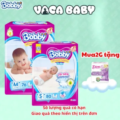 Combo 2 Gói Tã Bỉm Dán Bobby Siêu Khô Thoáng Lõi Nén Thần Kỳ Đủ Size S80/M76/L68/XL62/XXL56 miếng