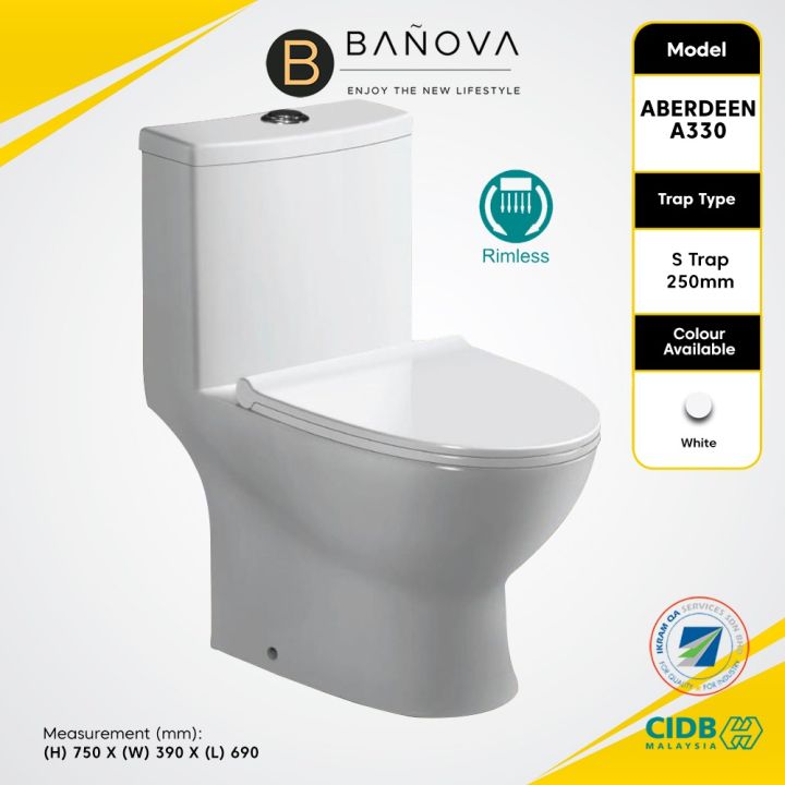 BANOVA One Piece WC Toilet Bowl S-Trap Wash Down Water Closet 10 Inch ...