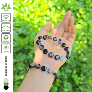 Q2551 Vòng hạt cúc dẹt cắt giác Ngọc Agate Đen vân trắng hợp Kim & Thủy - Phong Thủy TUDO