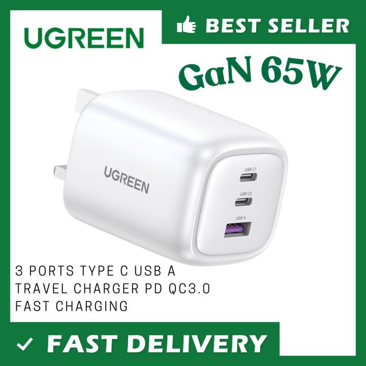 UGREEN 65W USB C Charger Foldable Nexode GaN 3-Port Charger Plug Fast ...