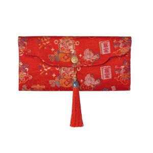 HOUCHU Brocade Embroidered Chinese New Year Red Wallet Traditional Polyester Lucky Money Packet New Years Bag Blessing God of Wealth Red Pocket Lunar New Year Gifts