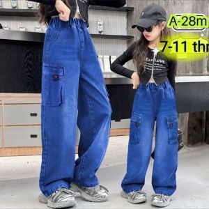 Celana Jeans Kulot Kargo Anak Perempuan Usia 6-11 Tahun Bisa Cod