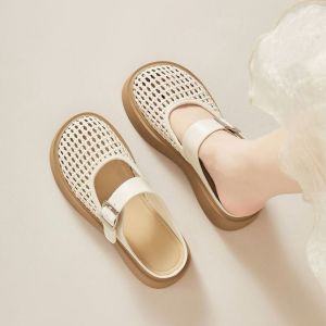 [Free Shipping] Branded Genuine Leather Thick-Soled Closed-Toe Slippers For Women 2026 Summer Model Flat-Soled Wedge Heel Hollow-Out Half-Slippers Clogs