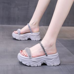 รองเท้าแตะส้นหนาหนา6ซม. สำหรับผู้หญิงรองเท้าสีทึบแฟชั่นใหม่ฤดูร้อน