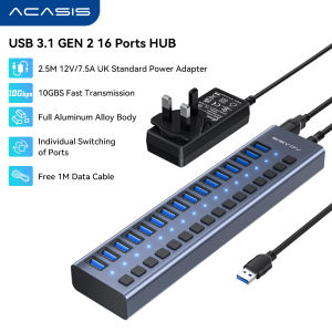 ACASIS 16 Port USB 3.1 Gen2 10Gbps Hub with Batch and Individual Control 96W PD Charging 12W per Port Multi-device Management Aluminum Hub