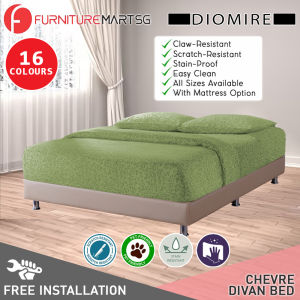 FurnitureMartSG Chevre Divan Bed Frame Pet Friendly Scratch-Resistant Fabric 16 Colours - With Mattress Add-On Options