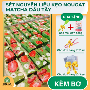 (Chính Hãng) Set nguyên liệu làm kẹo Nougat Kẹo Hạnh Phúc Vị Dâu Matcha siêu ngon kèm đủ bơ lạt giấy nến công thức - Tặng Phới dẹt và túi  cho mỗi đơn. set làm kẹo làm bánh