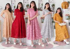 Long Dress Brukat Gereja VIONA / Midi Dress Natal Pesta Kondangan Bridesmaid