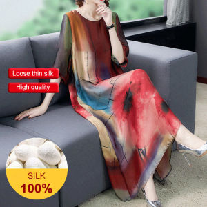 Womens literary print short-sleeved round neck plus size mid-length dress for age reduction