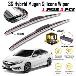 1pair(set) Honda Civic FC 2016-2021 Mugen Japan Silicone Wiper Blade Front Windscreen 3 Section Boneless Full Silicone Wiper U Hook J Hook