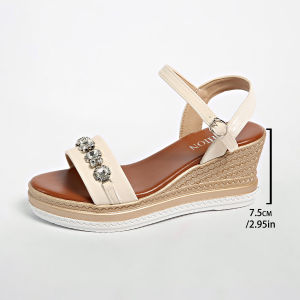 [Free Shipping] WomenS Summer Sandals With A Wedge Heel A Single-Strap Design A Fish-Mouth Opening And Rhinestone Embellishments Available In Large Sizes And With Thick Soles For Outdoor Wear