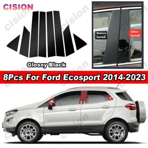 8Pcs Glossy Black Chrome Carbon Fiber PC Material Car Door Window Center B C Pillar Post Cover Trim For Ford Ecosport 2014 2015 2016 2017 2018 2019 2020 2021 2022 2023 Middle Column Mirror Effect Sticker Accessories