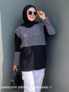 Atasan Wanita Kaos Longsleeve Aldira Kombinasi Katun Stripe Lengan Panjang Terbaru