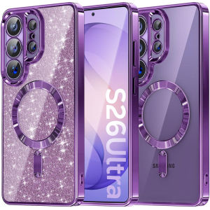 [Compatible with MagSafe] [Removable Bling Glitter Card]Built-in Lens Protection Plating Clear Soft TPU Phone Case for Samsung Galaxy S26 UltraS26+S25 UltraS25 EdgeS24 UltraS24 PlusS23 UltraS23 FES22 UltraS21 Ultra