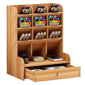 LEIFNYDI With Drawer Wooden Pen Organizer Large Capacity Multi-Functional Pen Holder Box Minimalism Wooden  Stationary Box Home  School  Office