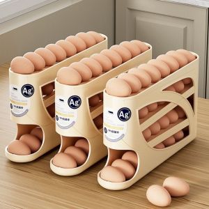OKDEALS01 Anti-Drop 4-Tier Automatic Rolling Egg Rack Plastic Fresh-Keeping Fridge Egg Dispenser Practical Large Capacity Egg Holder for Kitchen