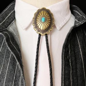 FIRST PU Woven Rope Indian Western Cowboys Bolo Tie Ethnic Style Western Country Style Turquoise Bolo Tie Choker Sweater Chain Brass Carved Flowers Necktie Men