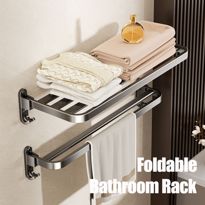 Bathroom Shelf Towel Bar Wall Mounted No Drilling Stainless Steel Towel ...