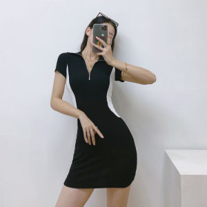 LHSunshine มาแรงสุดๆ📢 ชุดเดรสรัดรูป มินิเดรสกระโปรง คอปก แขนสั้น มีซิป สีตัดกัน ทรงสลิมฟิต สําหรับผู้หญิง แซ่บมากแม่ ด้วยดีไซน์เซ็กซี่เวอร์ไม่เเพ้ใคร ต้องจัดกันแล้วสาวๆ🎉