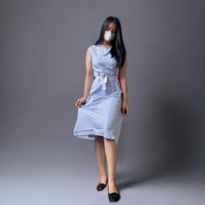 Dress Formal Wanita Motif Salur Tanpa Lengan Midi Dress Katun Premium Casual Tanica zh