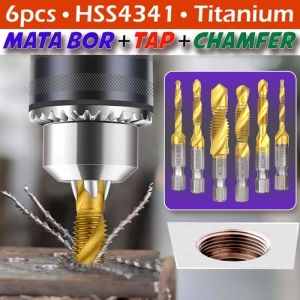SET 6 PCS Mata Bor Tap Pembuat Ulir Drat Baut Drill Chamfer Hex Twist Spiral Tapper Composite Bit Screw Drilling Tapping Deburring