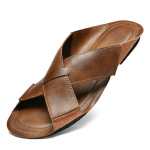 Originality Design Leather Slippers Cowhide Open-toe Sandal Man Flat Slides Beach Summer Shoes High Quality Big Size 38-47 Male2026
