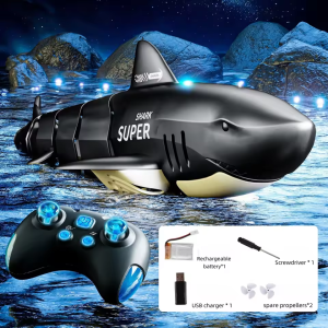 Mô phỏng chạy điện điều khiển từ xa Thuyền Cá mập 2.4G 360 ° xoay chống va chạm thân tàu không thấm nước Mô Hình Thuyền RC chiếu sáng mát mẻ