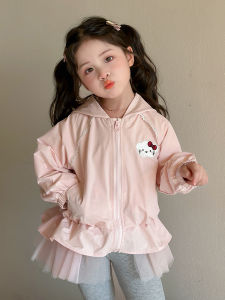 Christmas gifts Halloween Kawaii Hello Kitty Girls Coat Sanrio Cartoon Full Print Zipper Hooded Windbreaker Spring Autumn New Kids Cute Jacket Outerwear