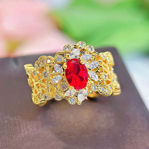 SEQUITO Royal Women Jewelry Yellow Gold Plated Pave Setting Red White AAAAA Cubic Zircon Open Cuff Adjustable Finger Ring Wedding Band SR143