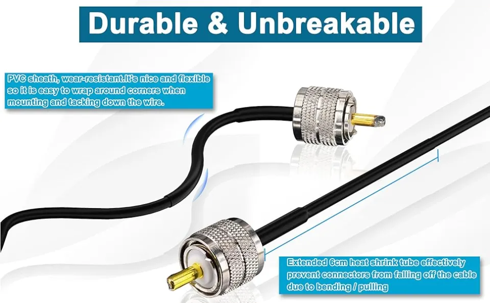 BOOBRIE Câble Coaxial UHF PL259 RG58 De 15 M - Adaptateur UHF Mâle Vers Mâle - Câble Coaxial CB à Faible Perte Pour Radio CB Ham Radio, Antenne, Compteur SWR