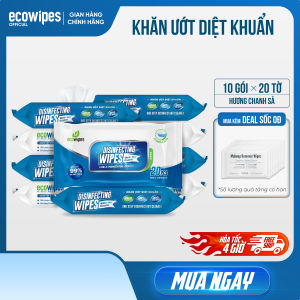 Túi 10 gói Khăn ướt diệt khuẩn Disinfecting EcoWipes gói 20 tờ diệt 999% vi khuẩn