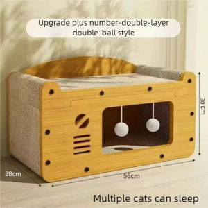 Lovinland 2-Tier Double Door Cat House with Corrugated Cardboard Scratcher Natural Wood Cat Condo Bed