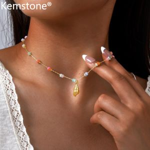 Kemstone nhiều màu bằng thép không gỉ đá ốc xà cừ vòng cổ Boho đi biển mùa hè đồ trang sức ven biển quà tặng cho phụ nữ