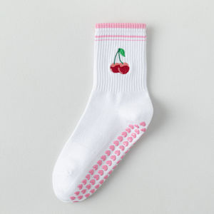 Embroidery Cherryes Yoga Pilates socks for women Non-slip floor sports Calf socks Fashion all-match trend socks