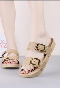fashion gold buckle two-strap open toe non-slip wear-resistant comfortable womens rubber slippers