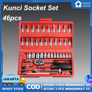 DHT Kunci Socket Wrench 46 In 1 Ratchet Wrench Paket Kombinasi Soket Alat Kit untuk Pas Socket Set 46pcs 1/4 Inch Socket Wrench Set Tools Kunci Konci Socket Wrench Pas Sok Shock Sock Set 46 pc Spanner Socket Set 1/4 Car Repair Tool Kunci inggris