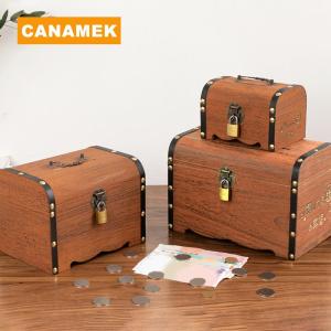 【CANAMEK】 1 Set Vintage Treasure Storage Box Wooden Treasure Chest With Lock Piggy Bank Organizer Saving Box Case For Home Decoration