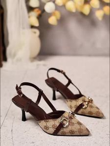 Pointed Toe Metal Chain High Heel Sandals 2026 Summer New Thin Heel Printed Closed-Toe Sandals For Women
