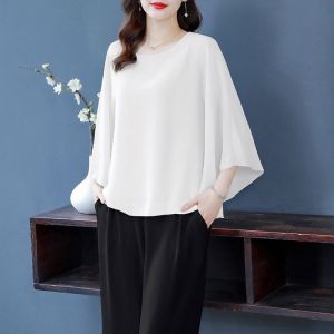 puff 3 4 sleeve blouse long sleeve formal blouse plus size pink round neck  Bat sleeve loose korean casual office plain T-shirts tops