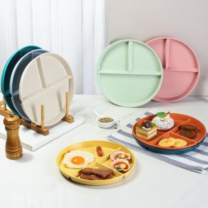 CREATIVE PAVILION Three-Compartments Divided Plate Eco-Friendly Wheat Straw Reusable Baby Tableware Eco-Friendly Anti-fall Plastic Children Dishes Household