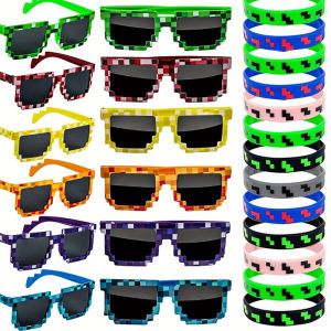 24Pcs Pixel Theme Party Favors 12 Pairs Pixelated Sunglasses and 12 Silicone Bracelets Birthday decoration party supplies Gift