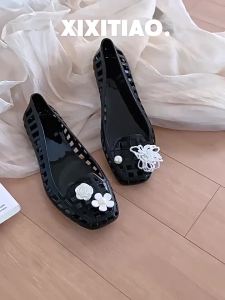 XIXITIAO blingbling Sandals Summer Personality Outdoor Fairy Style Flower Crystal Shoes Womens Flat Single Shoes Sweet Vacation Jelly Shoes ins Tide