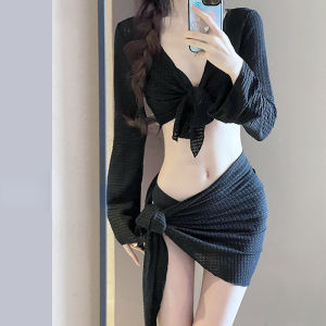 ชุดว่ายน้ำบิกินี่ชุดสวมใส่ชายหาดเซ็กซี่สำหรับผู้หญิง4ชิ้น2024สไตล์ใหม่พร้อมปกปิดแขนยาวเอวสูงน่ารักแฟชั่นกีฬายืดได้