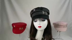 RB หมวกปักตัวอักษร สีน้ำเงิน สไตล์เกาหลี หมวกซาตินฤดูใบไม้ผลิ สไตล์สตรี หมวกแบน หมวกเป็ดแฟชั่น หมวกแปดเหลี่ยม