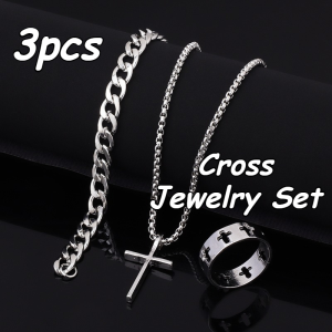 3Pcs Mens Cross Jewelry Set Minimalist Cuban Link Chain + Cross Necklace + Ring Punk Hip Hop Style