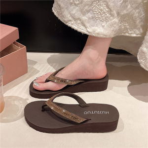 [Free Shipping] Beach square diamond anti-slip mid-heel wear-resistant thick-soled flip-flops for women summer wedge heel adhesive beach sandals
