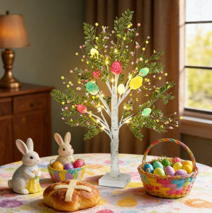 Battery Powered Easter White Birch Tree Light Colorful Easter Eggs Flower Branch Ornaments Easter Table Decoration Spring Festival Party Decor