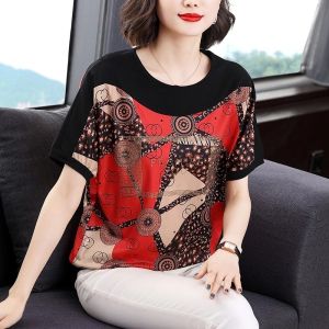M-4XL Plus Size Raglan Sleeve Floral Print Short Sleeve Women T-shirt Korean Temperament Vintage Middle-aged Mother Blouse Female Tees Foreign Flavour Shirts Summer Fashion